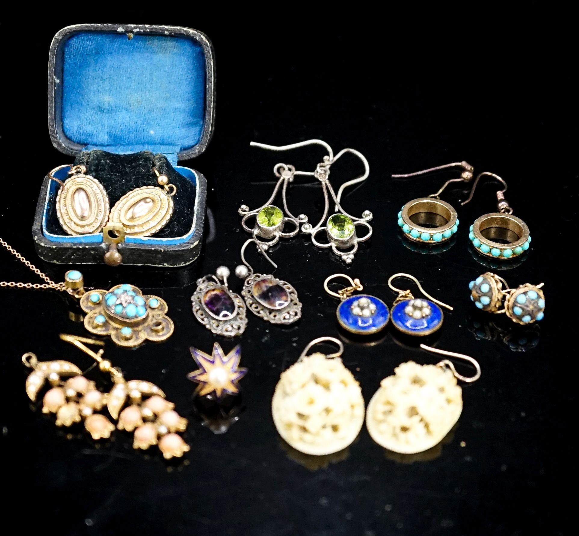 Eight assorted pairs of Victorian and later earrings including yellow metal and coral set, one odd earing and a pendant and two chains (some a.f.).